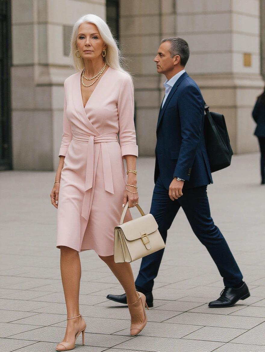 A mature woman in a pink dress walks confidently. Long white hair flows elegantly. She wears high heels and carries a handbag. A man walks past her in a suit. The image is captured from a side view. The woman looks at the viewer with a serious expression.