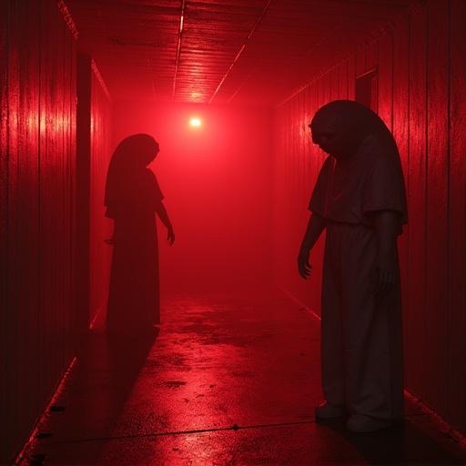 Photorealistic horror scene in a concrete containment room with sinister red emergency light. SCP-173 sculpture is close, looking menacing. Slight camera shake indicates panic.