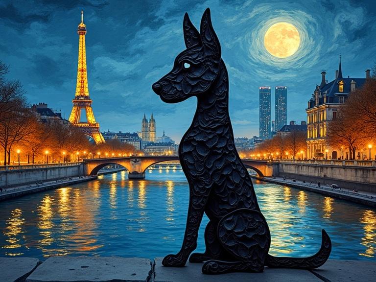 A panoramic view of the Paris skyline at night that creatively combines a dog silhouette made of origami folds. The scene includes famous landmarks like the Eiffel Tower and Notre Dame under a full moon. The art features a Van Gogh-inspired sky with vibrant reflections on the river waters and thick textured layers creating an impasto effect. A beautiful and detailed depiction of a nighttime urban landscape.