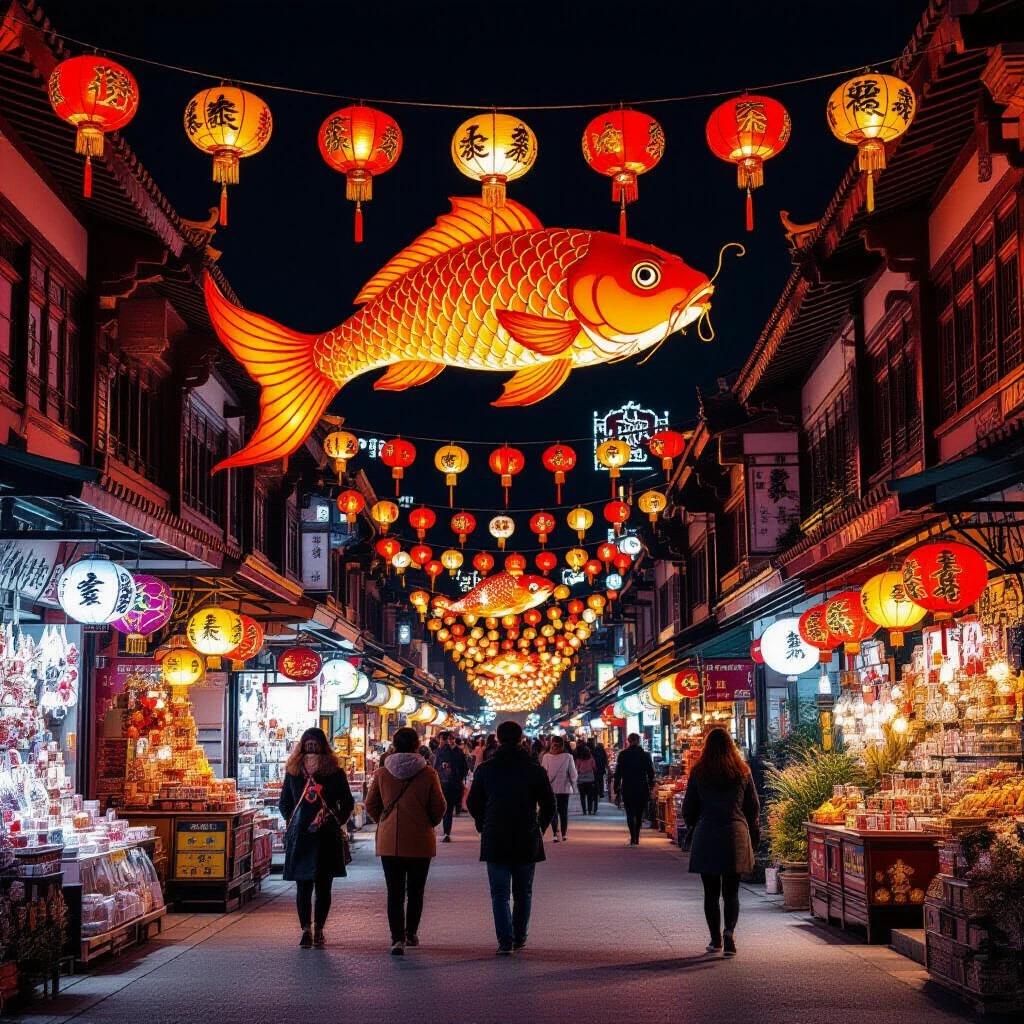 A vibrant night market scene featuring traditional elements with lanterns. A large orange koi fish hangs in the center, creating a lively atmosphere. People in traditional clothing stroll through, enhancing the cultural ambiance. Warm colors and soft lighting contribute to a serene yet lively feel. The market stretch extends into the distance, showcasing intricate details of lanterns and attire, capturing the essence of Eastern festivals.