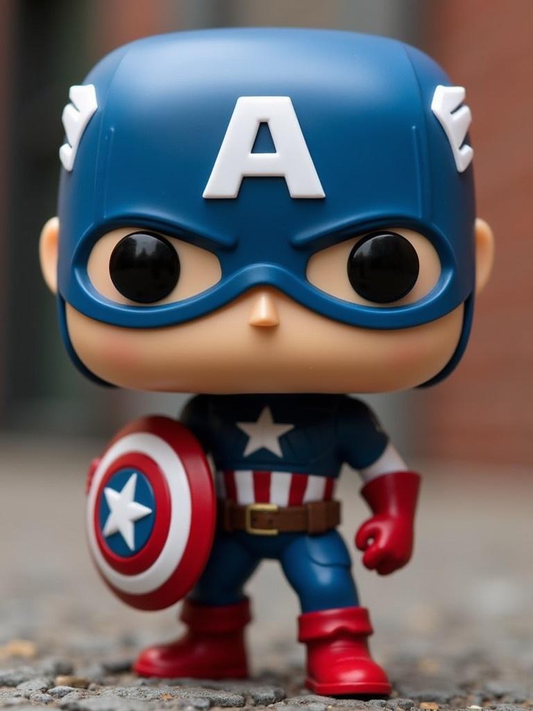 A Funko Pop figure representing Captain America. Figure has blue suit with star emblem on chest. Character is holding a shield with red and white stripes. Simple background featuring a street or brick wall. Ideal for collectors and superhero fans.