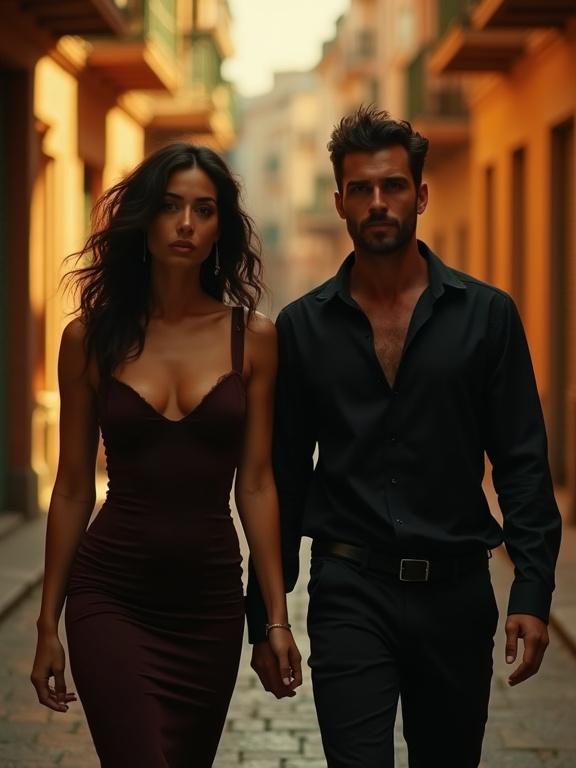 Split-screen cinematic scene showing a dark-haired Italian woman in a tight burgundy dress and a handsome man in dark clothing walking through a warm-toned Turkish city street. They stare into the camera, with dramatic lighting emphasizing their confident presence in their respective urban environments.