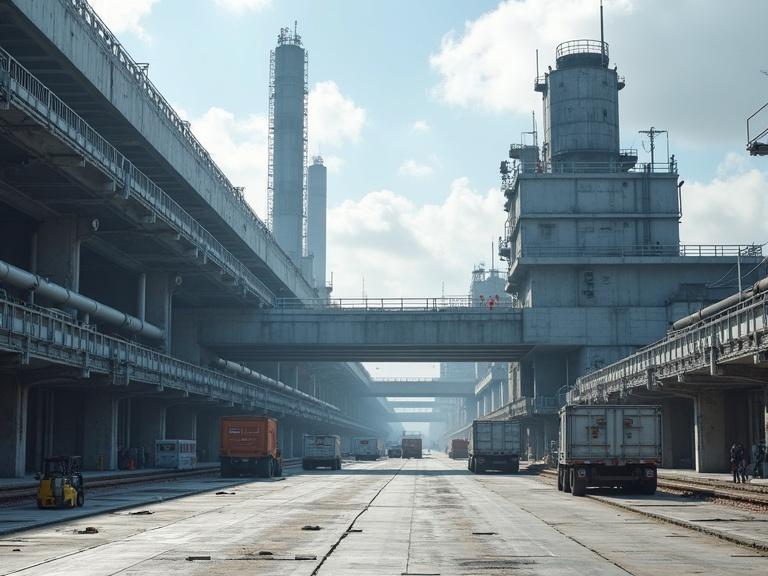 Detailed ground view of a sci-fi outside shipyard military base. Features blocky bevel designs. Includes pipelines and metal steps in metal tower. Showcases ladders and a metal construction pit. Contains a metal bridge and underpass. Spans a vast area with metal floors and a large platform. Displays a metal gate door entrance and a checkpoint with numbers. Depicts smoke stacks and forklifts carrying metal crates. Shows trucks hauling wide load parts and metal towers. Captures small people against a sunny white blue sky with detailed textures and shadows in high resolution.