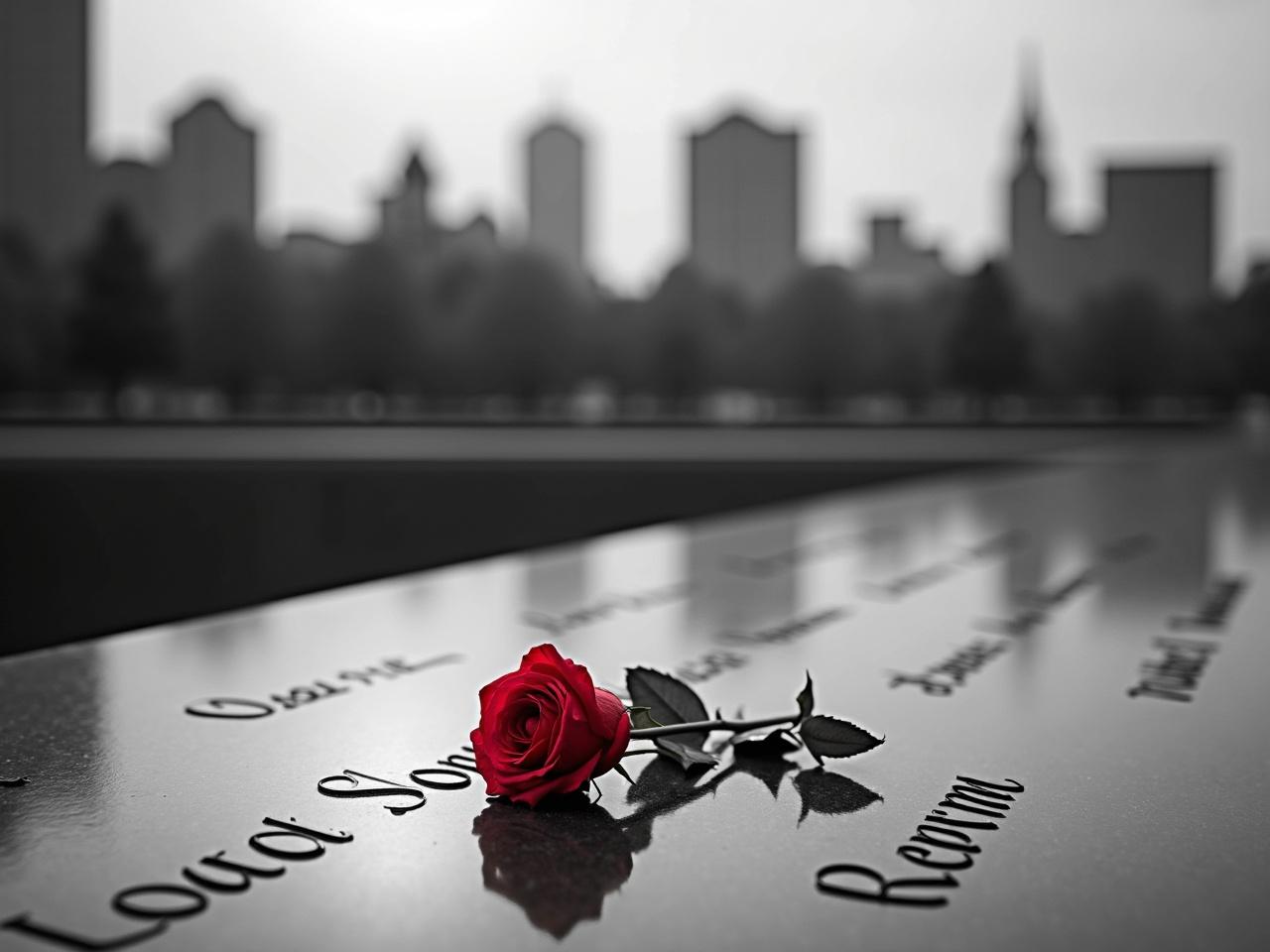 This image features a poignant scene, predominantly in black and white, showcasing a solemn memorial site. In the foreground, there is a sleek stone surface engraved with names, reflecting a sense of remembrance and loss. Among the names, a single vibrant red rose stands out dramatically, contrasting against the monochrome backdrop. The rose, adorned with droplets of water, symbolizes beauty and resilience amidst sorrow. Behind the memorial, the outlines of buildings and trees are softly blurred, adding to the atmosphere of reflection and peacefulness.