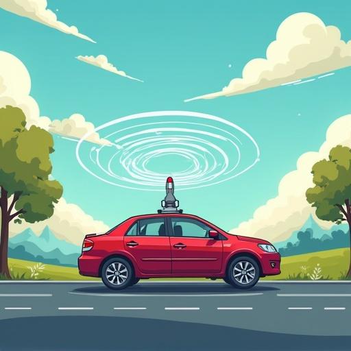 Cartoon style image featuring a red car equipped with radar and sensors for autonomous driving. It is set against a bright blue sky and green landscape with trees.