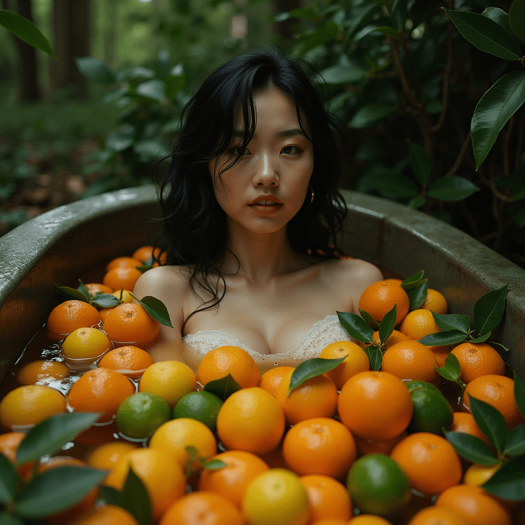 The image depicts a woman with long dark hair relaxing in a vintage bathtub filled with water and an assortment of whole citrus fruits, including oranges and limes, some with leaves attached. The setting appears to be outdoors, possibly in a lush garden, with greenery surrounding the area. The woman's expression is calm and serene, and she's wearing a light, possibly lace, top. The visual creates a refreshing and natural ambiance, blending elements of nature and human relaxation.