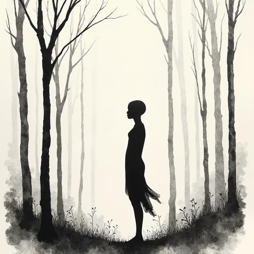 Bald human silhouette with black fill color. Thin tall teen floating with flowy body movement in a forest. Monochrome minimalist sketch with delicate ink lines on textured paper. Serene mood inspired by traditional Asian brushwork.