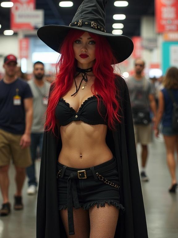 Witch cosplay at a convention. The character wears a micro skirt and thigh-high stockings. The cosplay outfit includes fishnets. The setting shows a busy convention atmosphere with people walking in the background. Colors are bright and saturated. Use of early cellphone camera suggests low image resolution with some pixelation. The overall aesthetic looks unpolished with softness around edges due to older capture technology.