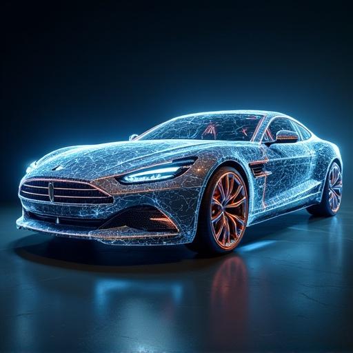 Image features an electric car glowing with electric effects. The car has a sleek design with visible electric components. Neon blue and white highlights create a futuristic appeal. A dark background enhances the electric theme.