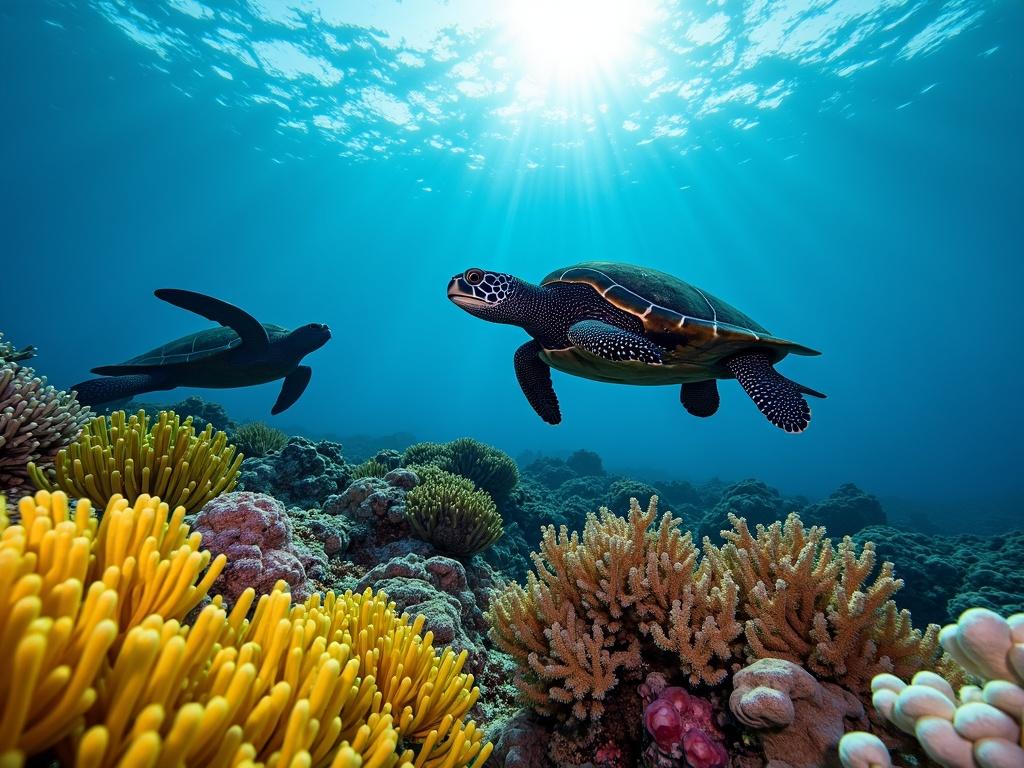 A beautiful underwater scene with a sea turtle swimming gracefully over a colorful coral reef. Bright yellow corals contrast against the turtle's dark shell. Sunlight beams filter through the water, illuminating the vibrant marine life surrounding the turtle.