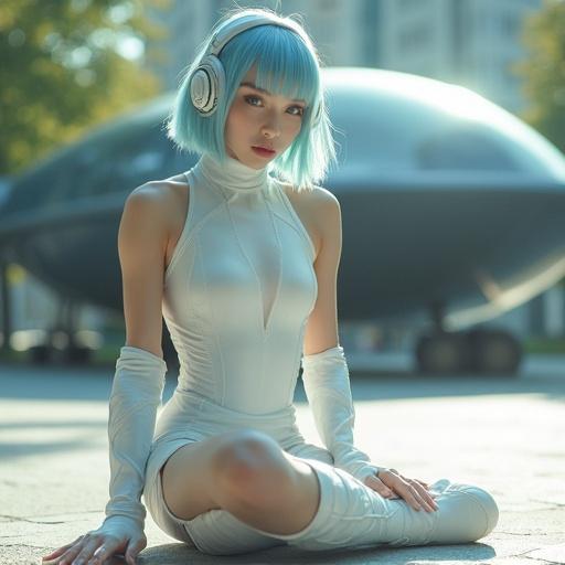 Detailed portrait of a young woman inspired by futuristic elements. She wears a light blue bob hairstyle and a white sleeveless micro skirt dress. The setting includes a spaceship in a Tokyo suburban park.