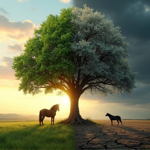 Dramatic art depicting a single tree split. Left side vibrant with green leaves and horses grazing. Right side barren with cracked ground and dark clouds. Showcase the concept of duality between life and death.