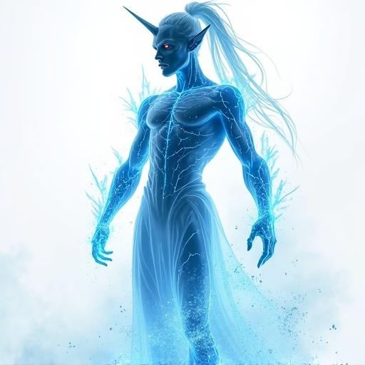 Full body male tiefling ghost made of glowing plasma. Smooth fluid-like surface. Bright blue core light. Vines of light running through body. Hair tied back. Muscular form. Fragments of plasma cloth. Ambient glowing particles. Spectral mist evaporating. High contrast against dark transparent body.