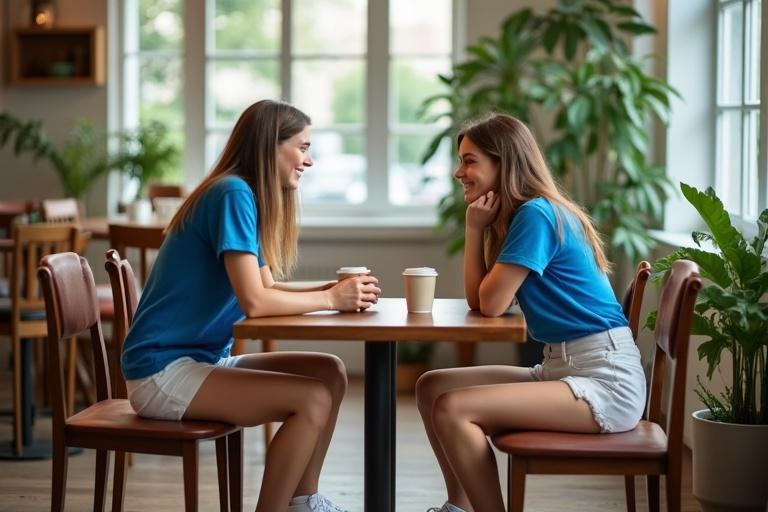 Two young women sitting at a wooden table in a spacious cafe. They wear blue polo shirts and white shorts. Engaged in conversation over coffee. Natural light from large windows fills the space. Indoor plants surround them creating a cozy atmosphere.