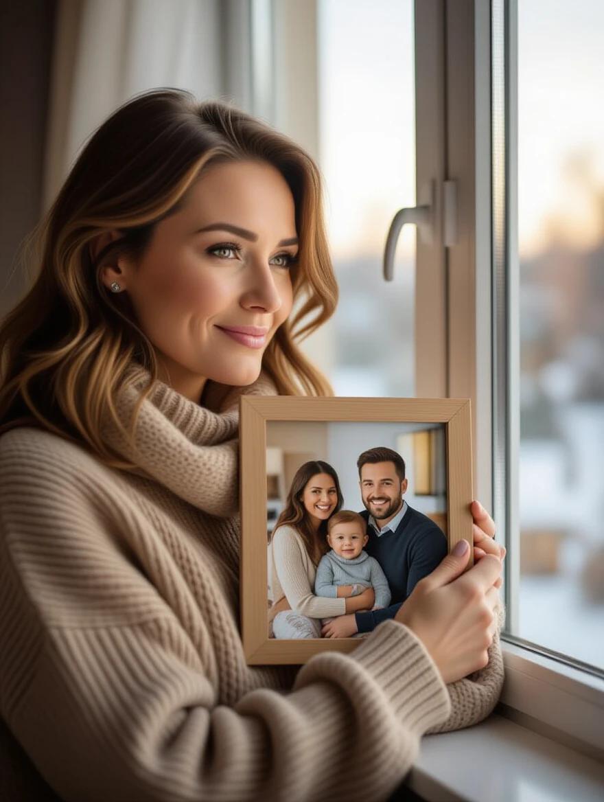 A woman holds a photo frame of her family. She is gazing outside through a window. The scene captures strength and tenderness. Background is softly blurred. The story revolves around her important choice.