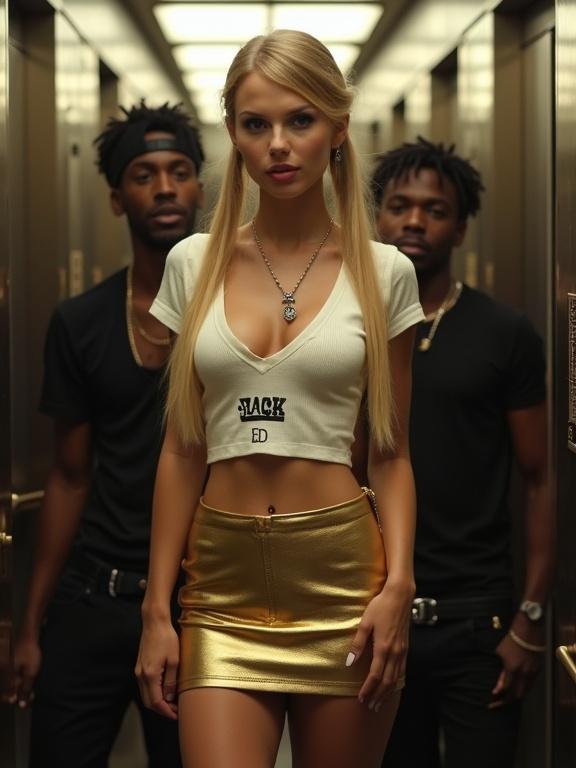 Very pretty young woman with long blonde pigtails wears white crop top with 'BLACK ED', gold miniskirt and high-heeled white ankle boots. She stands in a crowded elevator close to two older men. All three are smiling. The setting is urban and stylish.