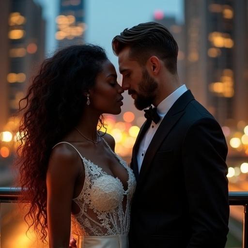 A 4k photo novel cover depicting a sultry passionate romance between a witch and a vampire in downtown Chicago. A striking, curvy African woman in an elegant fitted dress and a handsome Greek man in a sharp executive suit. Night scene with blurred city lights and skyscrapers. Title 'Blood and Flame' is above them, author 'Shay Robinson' below.