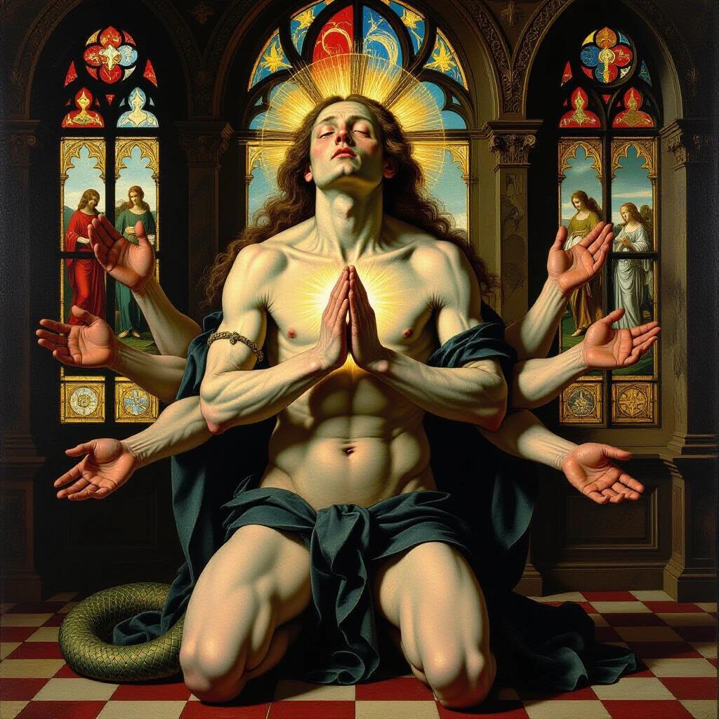 A creature with a serpent tail kneels in prayer under stained glass windows. Many arms reach out invitingly. A divine glow radiates from its chest. Realistic skin texture enhances the grotesque anatomy. Art style reflects Baroque and Renaissance influences with themes inspired by Hieronymus Bosch and El Greco.