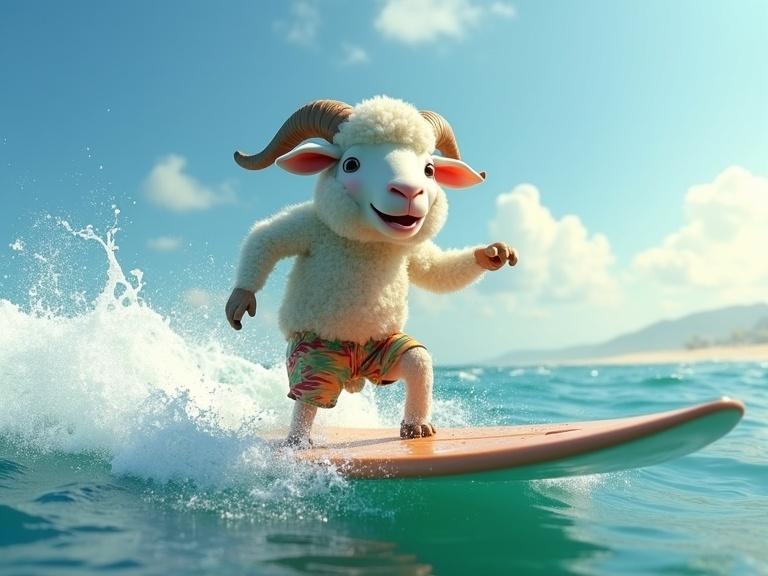 Humanoid sheep surfing in ocean. Sheep has human body, wears tropical beach shorts and shirt. Realistic sheep's face showing joy. Riding modern surfboard, balancing on ocean wave. Natural sunlight. Realistic water textures and ocean spray. Blue sky with clouds. Energetic summery atmosphere. Hyper-realistic style with cinematic lighting.