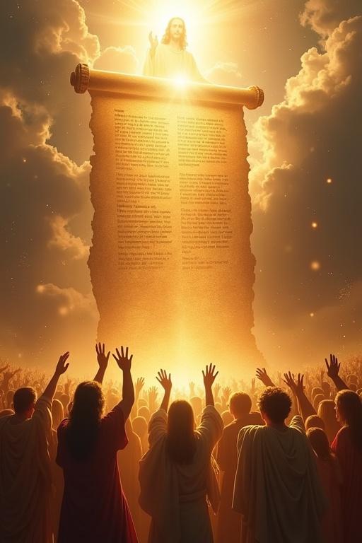 Celestial scene with majestic figure of Jesus Christ radiating light. Below, an ancient glowing scroll unfurls its shimmering words. Diverse group of people actively engaging in worship. Some kneel in reverence while others help each other. Many raise hands in worship. Gentle golden light descends from scroll to faces. Background hints at a transforming world. Sense of imminent return and reward for faithfulness.