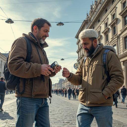 Two men in casual attire appear to be discussing something while looking at a camera. The setting is a busy street with people walking by. The scene conveys a friendly interaction amidst urban surroundings.