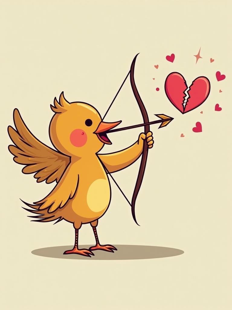 A cute cartoon bird has a cupids bow. It aims an arrow at a broken heart. The bird looks happy and playful. The scene includes hearts floating around.