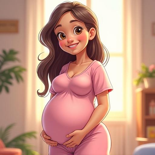 Cartoon character as cheerful pregnant female in light indoor setting wearing casual sleepwear. Art style resembles Dragon Ball.