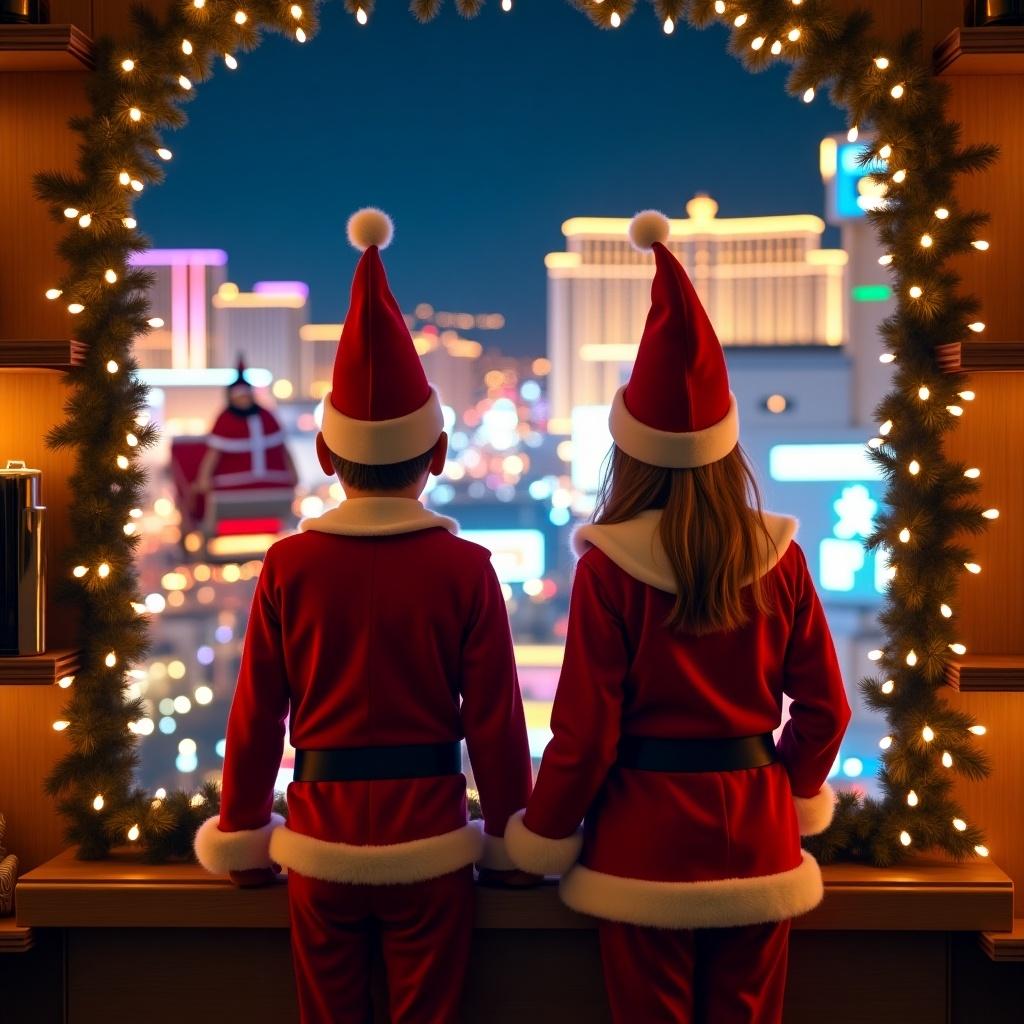 View from behind of two children dressed as elves looking at the Las Vegas skyline at night. Santa Claus rides in his sleigh above. Christmas lights decorate the window.