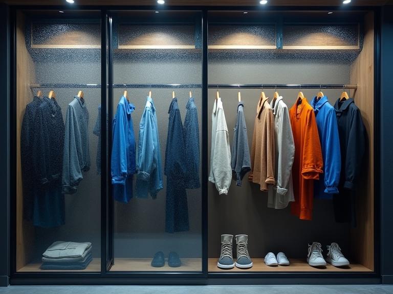 Climate-controlled wardrobe with various clothing items in organized layout. Features gray, blue, and brown garments alongside shoes. Soft lighting highlights the contents against a glass enclosure.