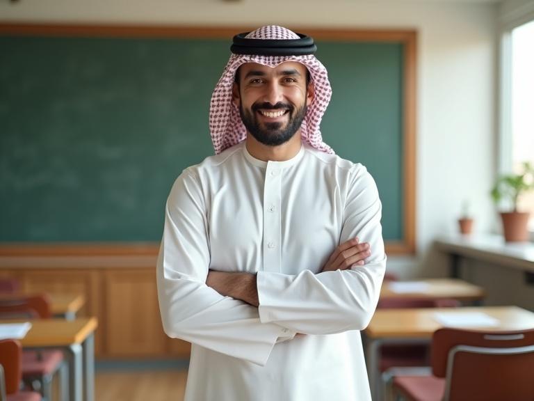 Medium shot of male teacher in classroom. He wears white dishdasha with a patterned turban. He stands confidently with arms crossed and smiles. Bright and elegant, modern classroom setting with large windows.