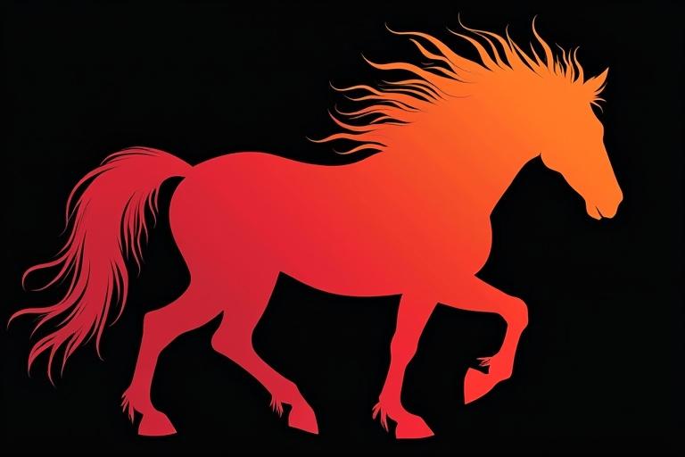 Silhouette of a red horse with flames emanating from its mane. Black canvas background.