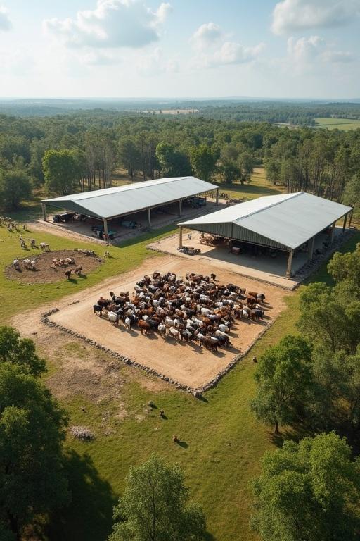 Aerial view of a large agricultural facility with cow and chicken shelters. Features a herd of approximately 3000 cattle gathered in a designated shelter and separate area for 400 poultry. Spacious warehouse for administrative work and equipment. Workers accommodated on-site. Playgrounds for cows and chickens. Includes water and power supply setups. Land covers 66 decimal with green surroundings.