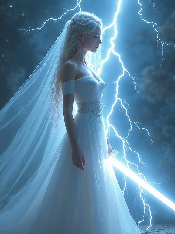 A young woman stands with a glowing sword. She wears a flowing white dress. Blue lightning strikes in the background. The aura is ethereal and dreamlike. Elements of thunder surround her.