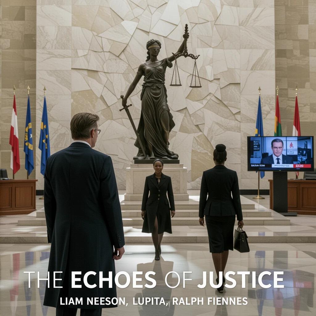 Movie poster for The Echoes of Justice. Features a courtroom with a cracked statue of justice. Liam Neeson stands before the statue. Lupita walks away in silhouette. Ralph Fiennes is shown on a news screen.