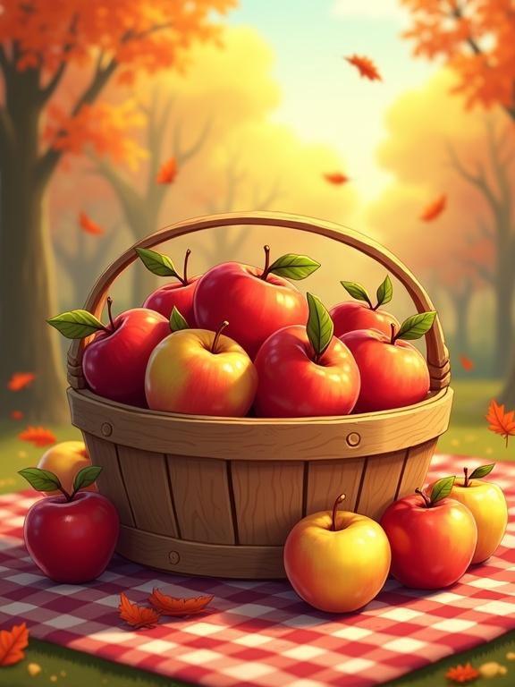 A cartoon illustration shows a wooden basket filled with bright apples. The apples vary in shades of red green and yellow. Each apple has a glossy finish and small leaves. Loose apples are scattered around the basket. The background has fallen autumn leaves and a checkered picnic blanket. Bright colors and soft shading create a playful style. Warm sunlight enhances the inviting atmosphere.