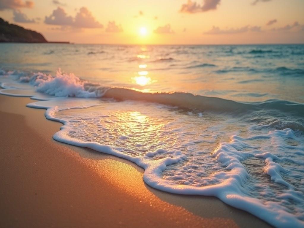 An idyllic beach scene at sunset. The sun casts a golden glow on the gentle waves rolling onto the shore. The sand is warm and soft, glistening under the sunlight. The sky is painted with hues of peach and light blue. This setting evokes a sense of peace and tranquility, ideal for relaxation and escape.