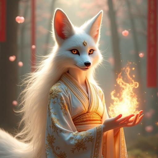 Divine fox goddess with humanoid body and beautiful fox face. Elegant golden markings adorn her body. She has large fluffy fox ears and long white hair flowing. Fur is snowy white and silky. Golden eyes radiate wisdom. Ornate glowing kimono with star and moon patterns. Surrounded by floating spirit flames and falling cherry blossoms. Scene set in sacred forest shrine at twilight.