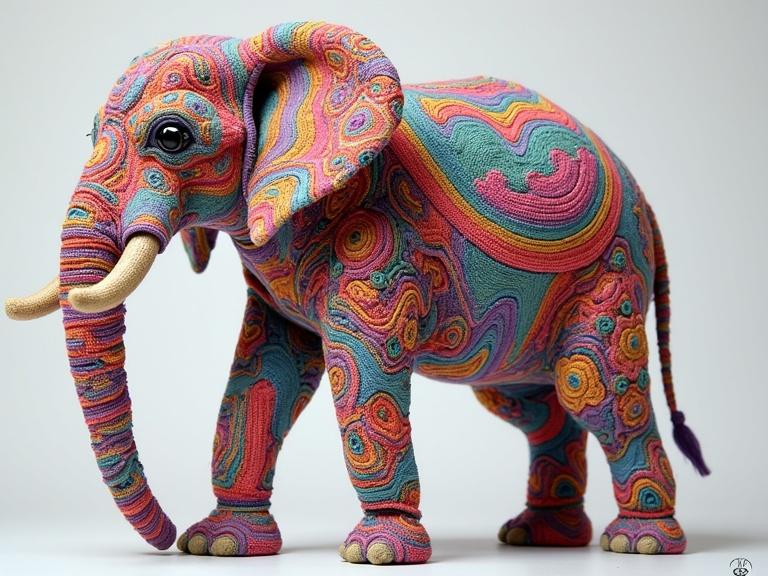 Detailed art piece showcasing a beautifully designed elephant. Artwork crafted with yarn using crochet and knitting techniques. Elephant adorned with beads creating depth. Features floral and psychedelic patterns stitched with intricate detailing. Multicolored yarn flows harmoniously. Complex textures highlight craftsmanship.