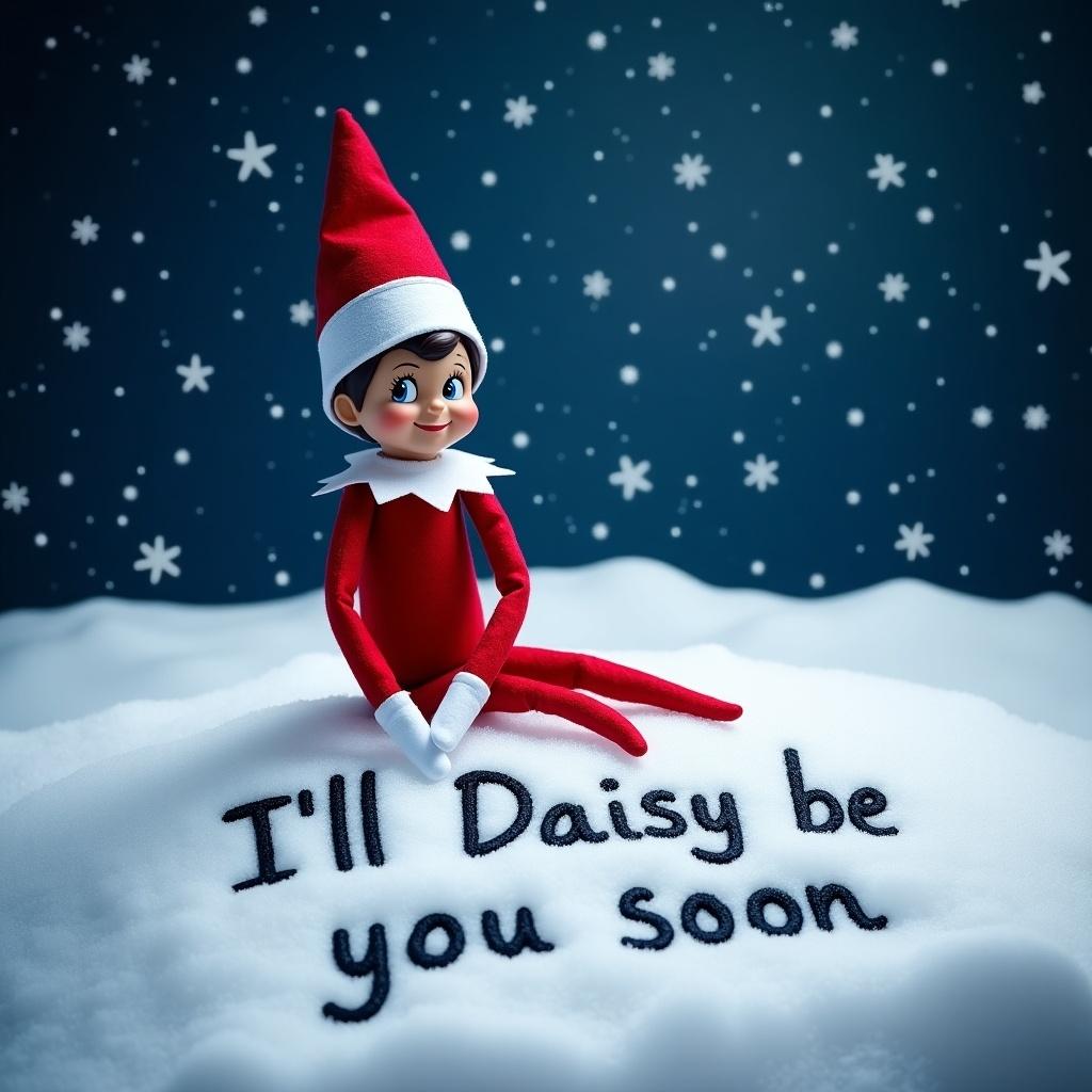 The image depicts a cheerful Elf on the Shelf sitting in a beautiful snowy landscape at night. The Elf is dressed in a traditional red outfit with a playful smile. The snowy ground features the phrase 'I’ll Daisy be you soon' artistically written in black. The scene is illuminated by soft, ambient lighting, creating a warm and magical feel despite the cold imagery. Snowflakes gently fall around, enhancing the holiday spirit. This enchanting setup invites viewers into a whimsical winter wonderland where the Elf is ready for Christmas adventures.