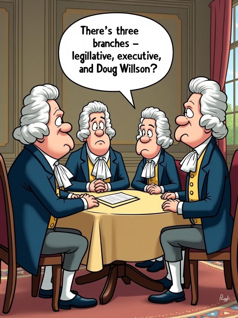 Satirical cartoon depicts four Founding Fathers around a table in historical setting. They wear 18th-century attire. One man looks puzzled and says there’s three branches - legislative, executive, and Doug Wilson. Other men look surprised and confused. Background has symbols of American independence like an eagle or Declaration of Independence. Overall tone is humorous with exaggerated facial expressions. Soft color palette evokes classic cartoon style.