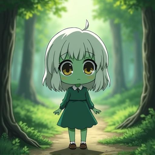 8 year old girl with green skin and white hair standing in a forest clearing wearing a dress. Cute anime style.