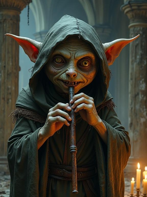 Goblin bard in rags plays a broken flute in a ruined church. Face shows rotten teeth and scars. One eye closed with a patch. Background features broken columns, cobwebs, and candles. Dark fantasy style enhances shadows and contrast.
