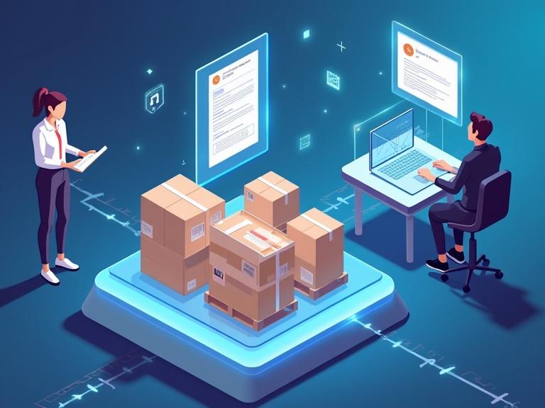 Modern digital business setting. Customer browses products and places order. Warehouse prepares shipment boxes with barcodes. Digital invoice hovers above packages. Business consultant at holographic desk reviews invoice and sees payment confirmation.