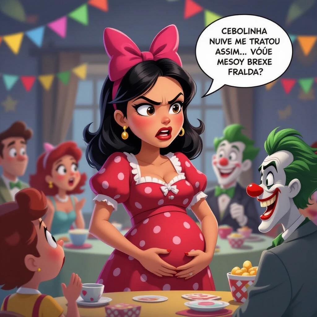 Pregnant Monica looks furious wearing a red dress with white polka dots and a pink bow. She stands at a chaotic baby shower. Cartoon guests watch her with shock. Bright party lights illuminate the scene. A comic speech balloon shows her dialogue.