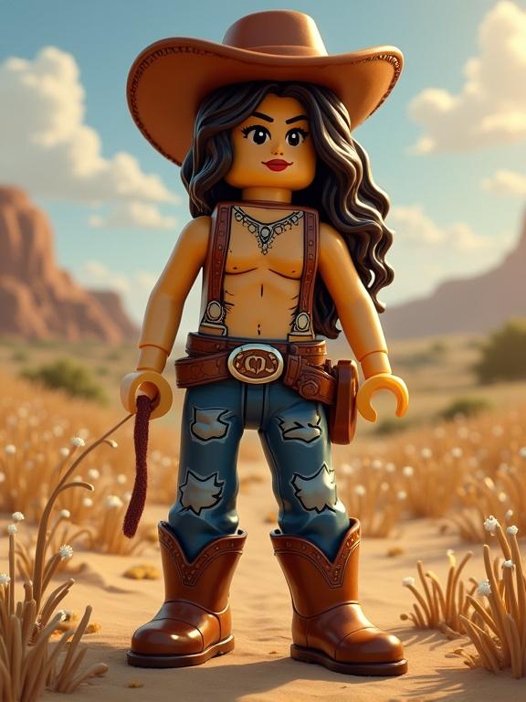 Brunette cowgirl character made of Lego. She has shiny boots and wears cowboy hat. Background shows a fantasy landscape. Art style reminiscent of Monet.