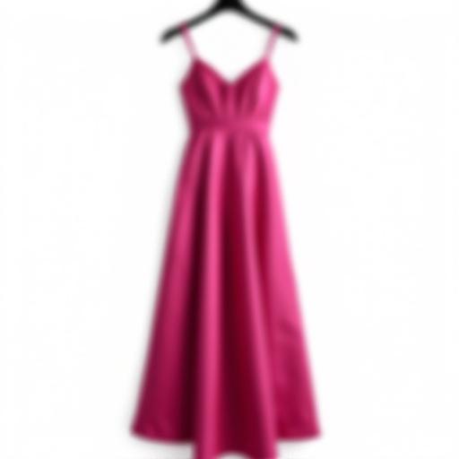 High-resolution shot of glamorous hot pink evening gown on black wooden hanger. Long flowy with satin finish. Delicate pleats on bodice and thin straps. Elegant and luxurious look. Fabric has soft shine. Dress hangs neatly with shadows giving volume. Transparent background or minimal white. Soft even lighting enhances color and details.