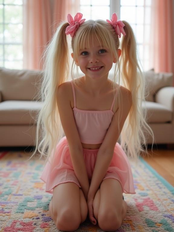 A child with long blonde hair in twin tails wearing pink bows kneels on a set colorful rug in a softly lit living room. Outfit includes short crop top and pale pink skirt with thigh-high socks and lace detail. Simple black shoes add to the look. She has a flirty smile and a slim waist with a regal pose.
