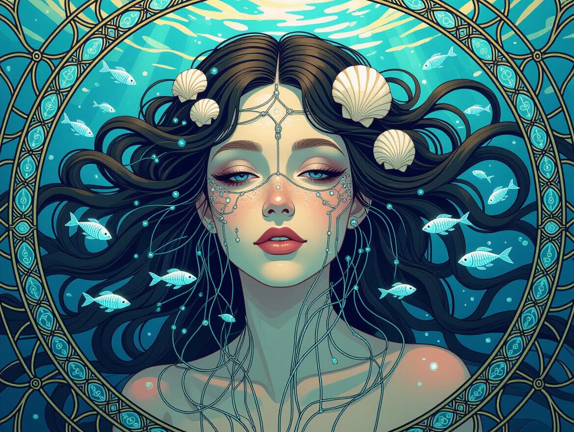 A woman with hair flowing like kelp and ethernet cables. Her face adorned with shell circuitry. Underwater scene with stained-glass light patterns. Includes drifting bioluminescent eels. Composition follows the rule of thirds with the subject on the lower left. A fusion of Art Nouveau curves and deep sea network fantasy. Features a dreamy marine color palette and glowing aquatic surrealism. High detail with iridescent highlights.