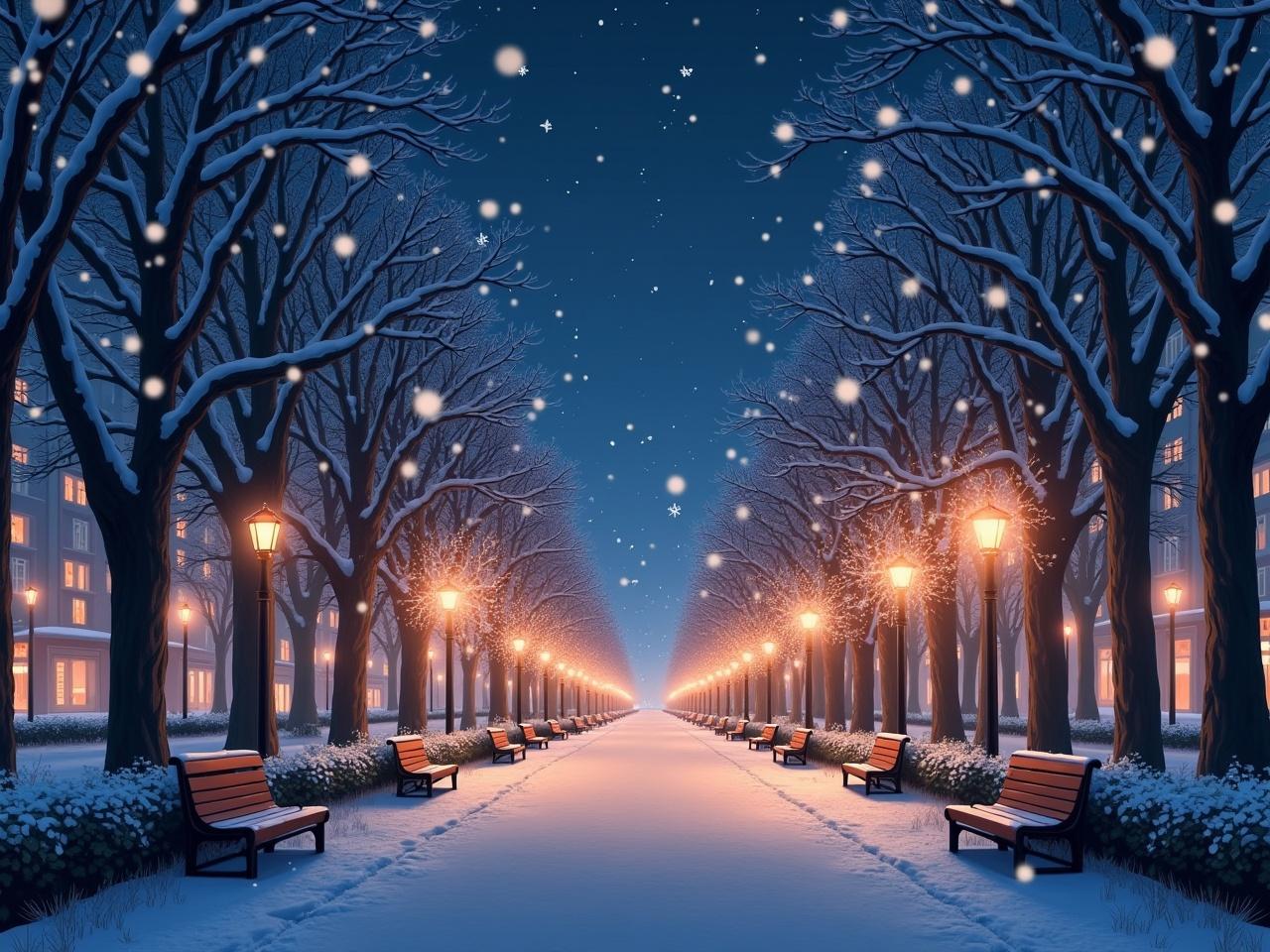 A winter night scene in an anime style, featuring a city park adorned with illuminated trees. The path is lined with glistening snowflakes softly falling from the sky. The warm glow of the lights creates a cozy atmosphere, guiding the view deeper into the park. Benches sit empty along the pathway, inviting passersby to enjoy the serene beauty. The surrounding buildings are subtly illuminated, adding to the enchanting night ambiance.