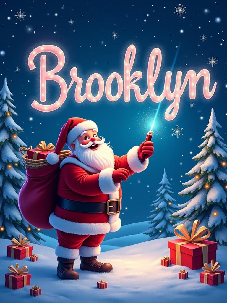 Image features Santa Claus in a snowy landscape with pine trees. Santa is cheerfully writing 'Brooklyn' in the night sky with a glowing pen. The scene includes colorful gift boxes on the ground. It creates a magical atmosphere and captures the joyful essence of Christmas.